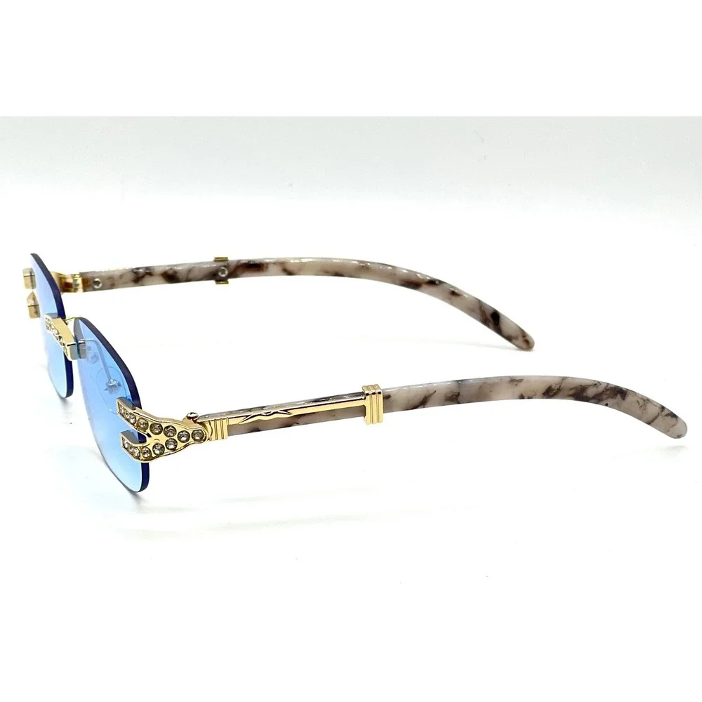 Rimless Gradient Blue‎ Lens Sunglasses Rhinestone Embellished Gold Tone Frames
